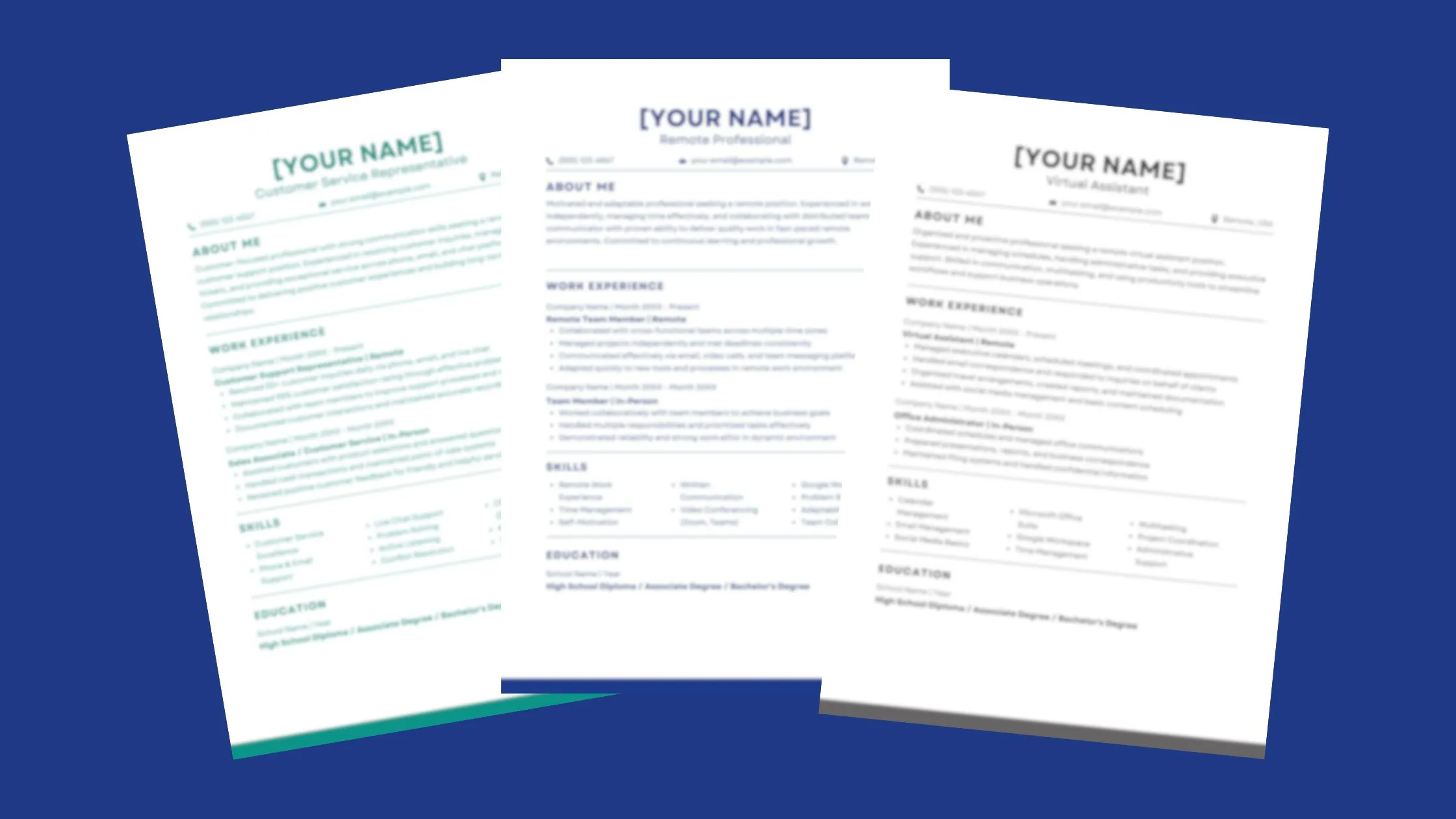 ATS-optimized remote job resume templates preview showing customer support, virtual assistant, and data entry designs